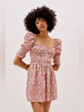 For Love & Lemons Libby Mini Dress Puff Sleeve Cottagecore Instagram Dress Med.